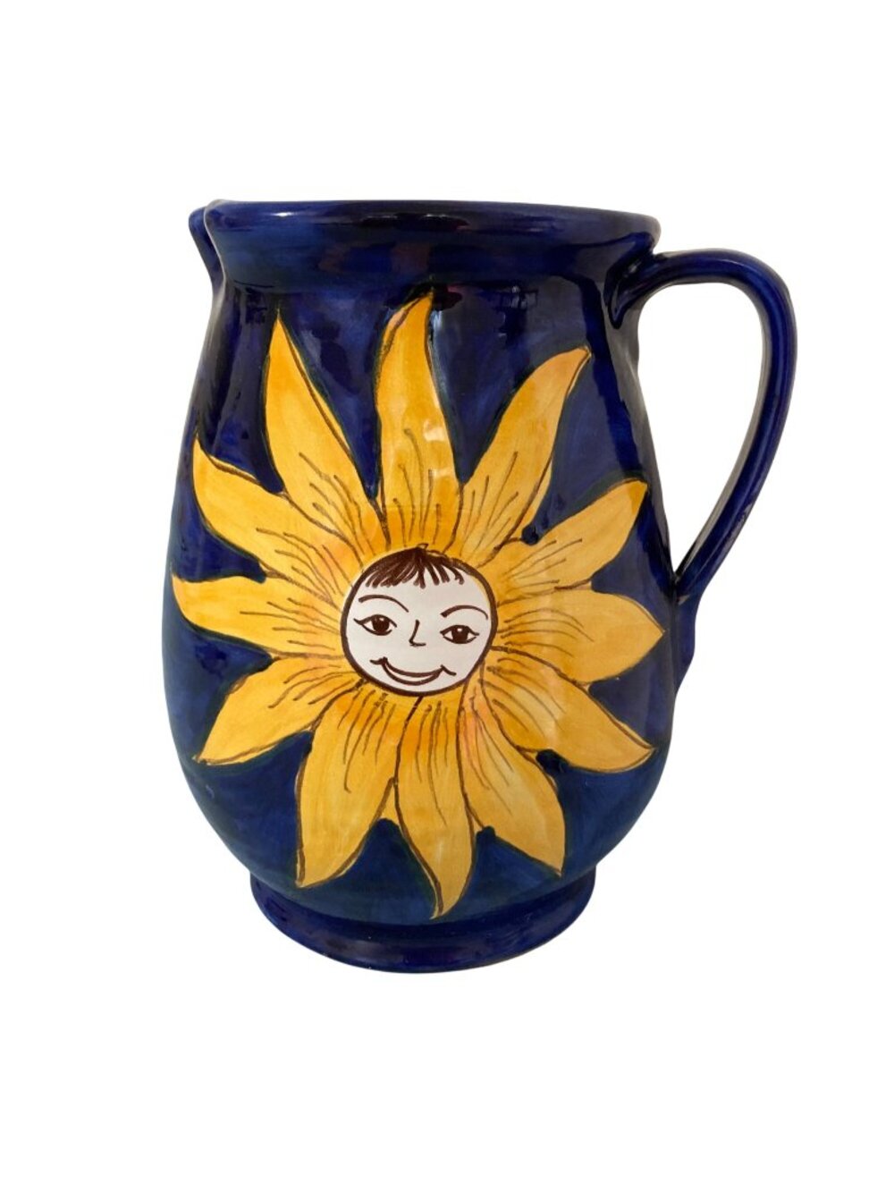 Celestial Sun Face Moon And Stars Blue & Yellow Pottery Pitcher Vase